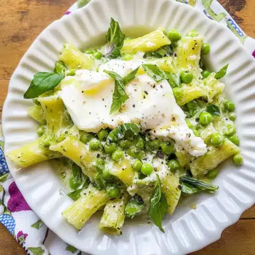 Spring Pasta with Leek & Pea Sauce with Fresh Burrata