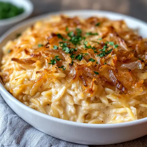 French Onion Chicken Orzo Casserole
