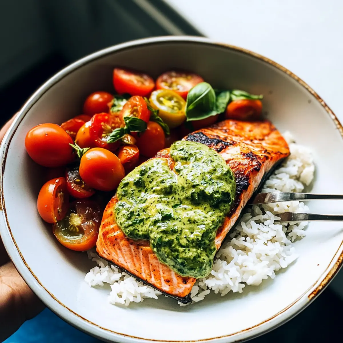 Salmon with Basil Sauce and Tomato Salad