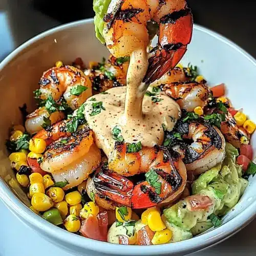 Grilled Shrimp Bowl with Avocado, Corn Salsa & Creamy Garlic Sauce