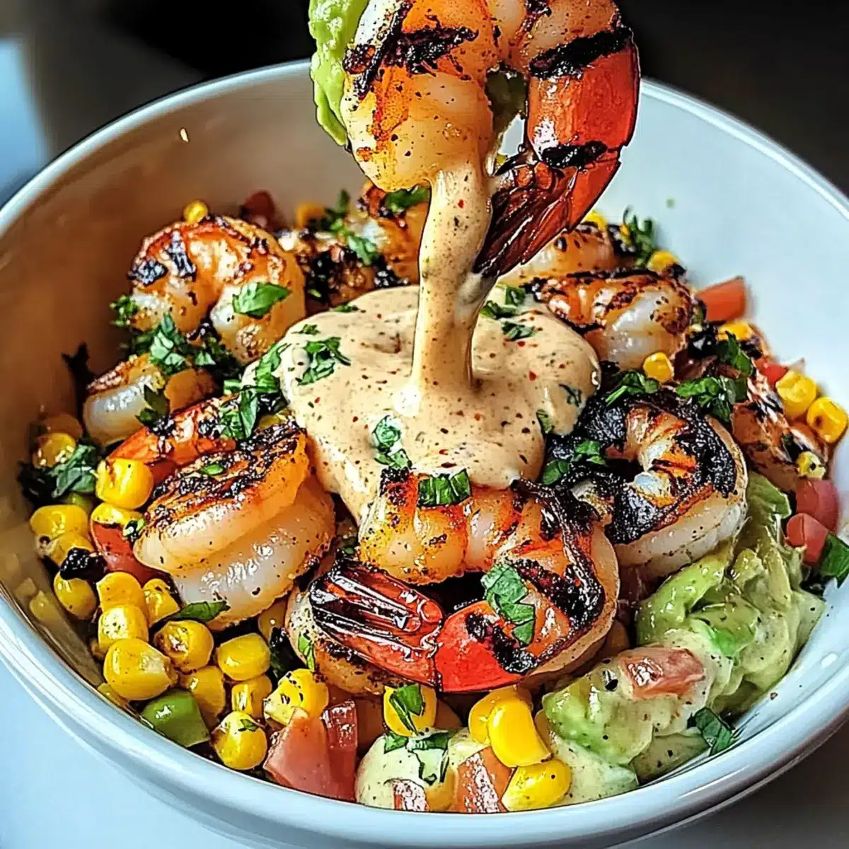 Grilled Shrimp Bowl with Avocado, Corn Salsa & Creamy Garlic Sauce