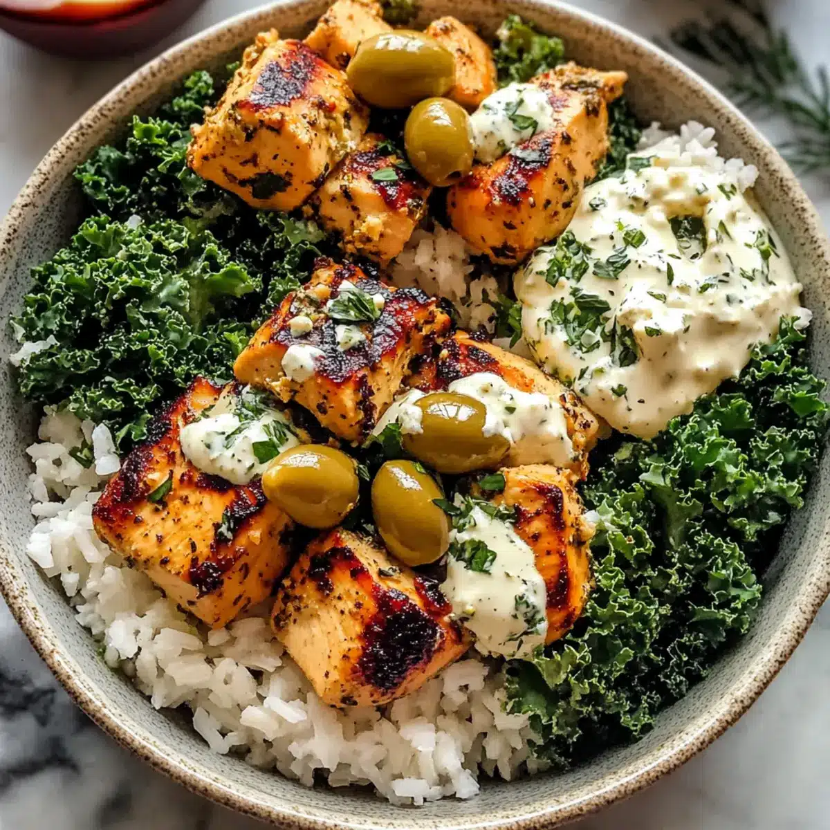 Greek Chicken Bowls with Creamy Tahini Feta Sauce