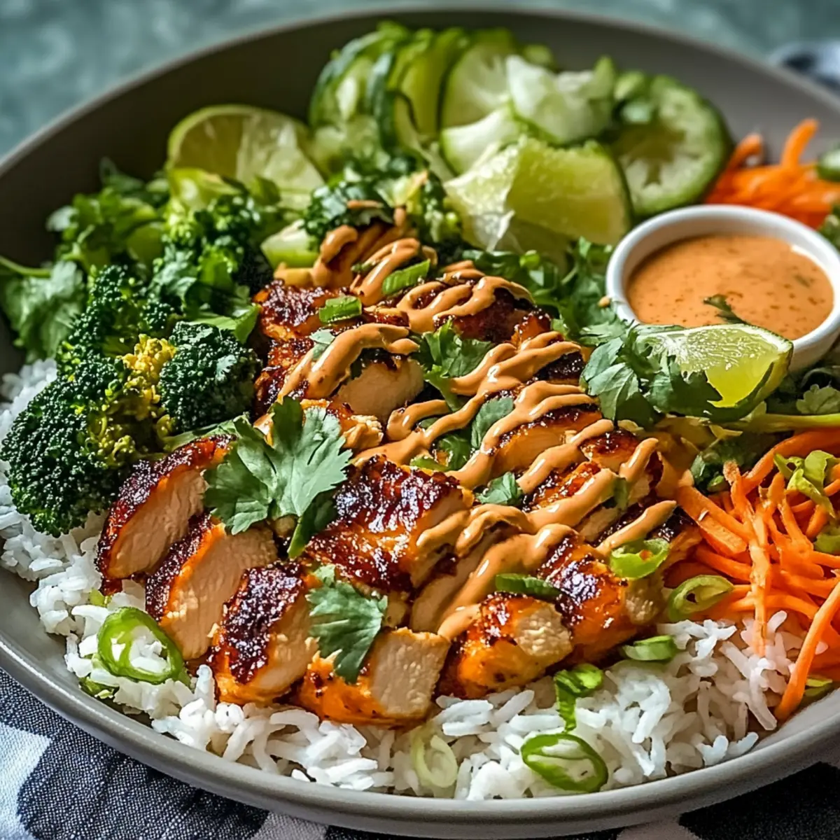 High-Protein Sweet Chili Chicken Bowl with Creamy Coconut Lime Drizzle