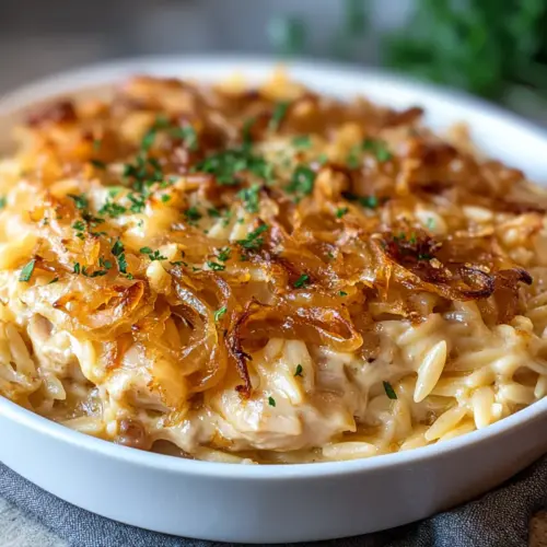 French Onion Chicken Orzo Casserole