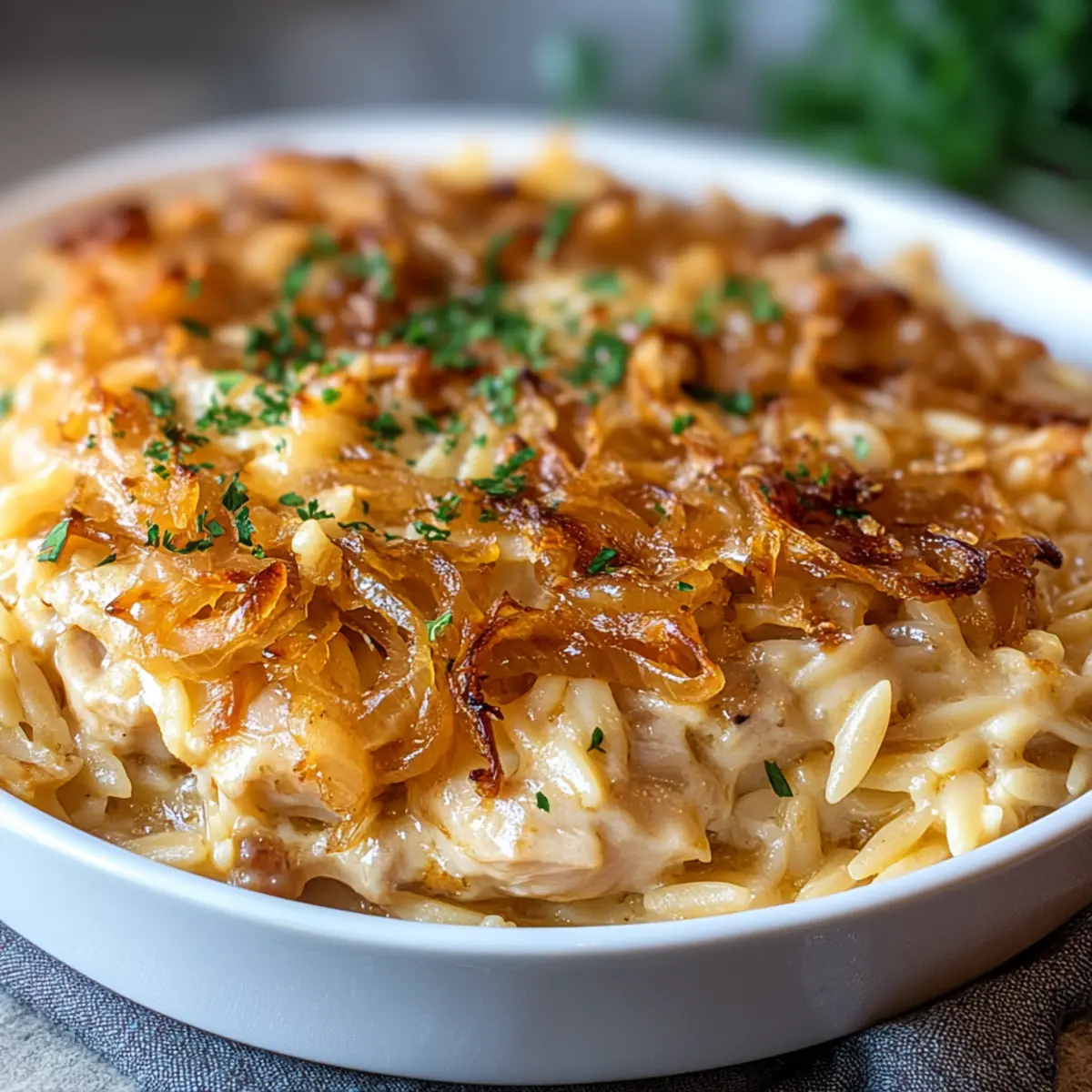 French Onion Chicken Orzo Casserole