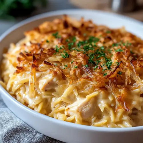 French Onion Chicken Orzo Casserole