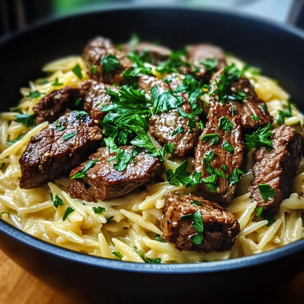 One Pot Creamy Garlic Butter Steak Orzo