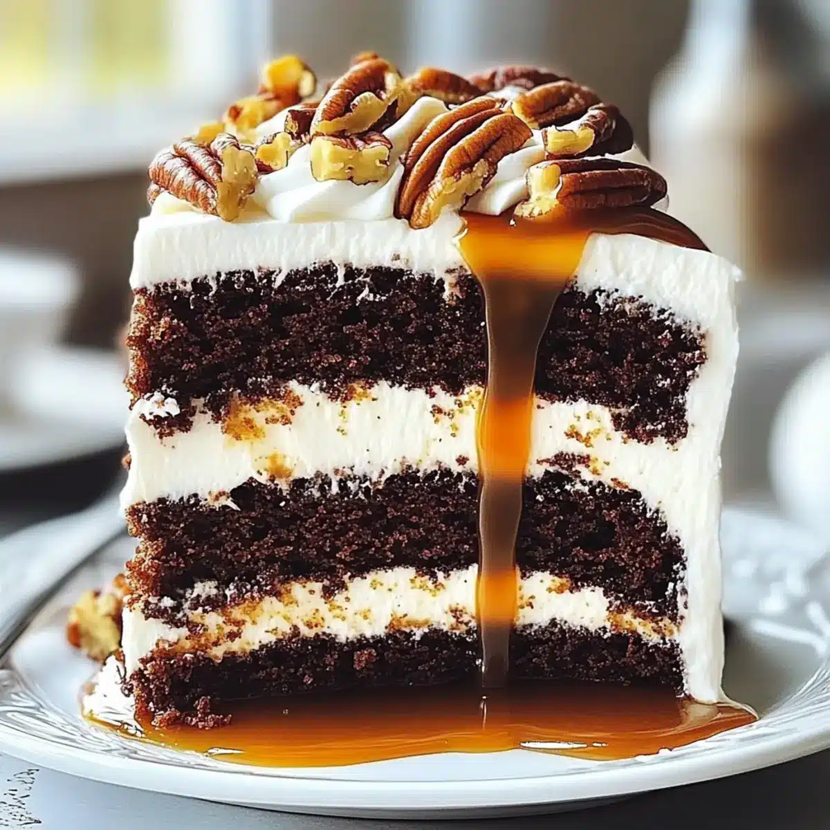 Moist Chocolate Caramel Pecan Layer Cake Delight