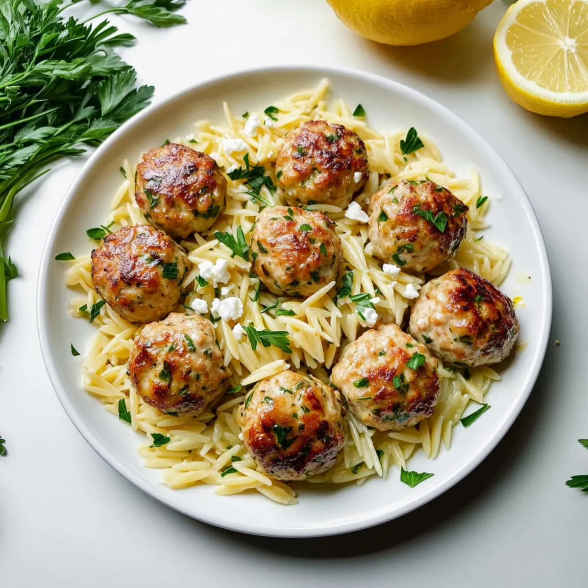 Greek Chicken Meatballs with Lemon Orzo